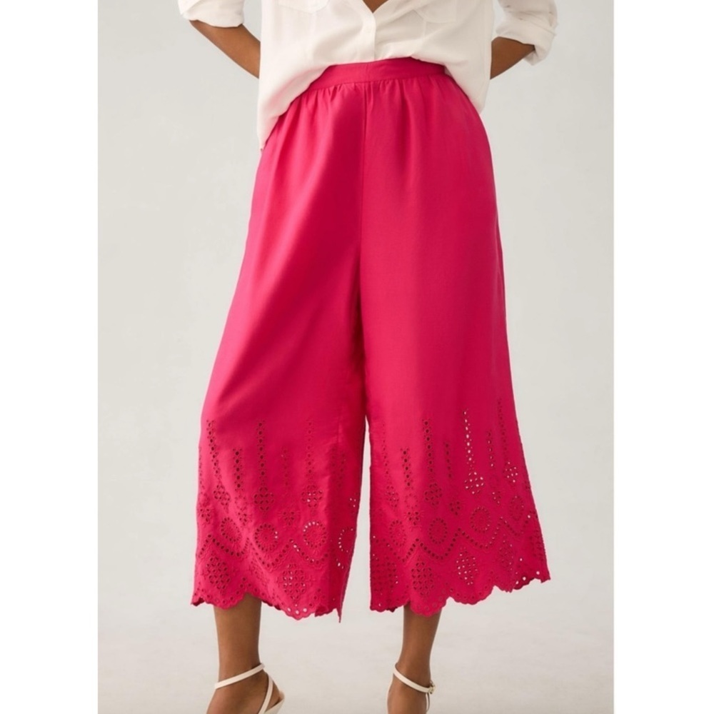 Anthropologie Eyelet Wide Leg Crop Pants Pink Lyocell Petite Pull On